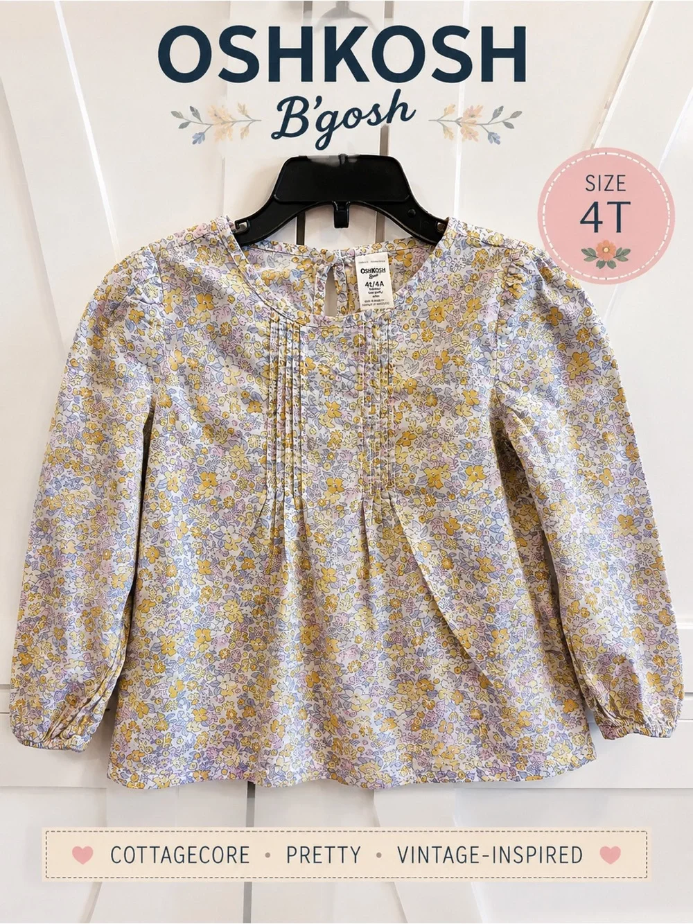 OshKosh B’gosh Girls Floral Pintuck Blouse 4T Cottagecore Long Sleeve